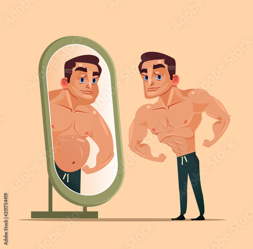 Handsome strong man character looking mirror and seeing themselves as fat  person. Underestimate yourself and obsession pretend concept. Vector flat  cartoon isolated illustration Stock Vector | Adobe Stock