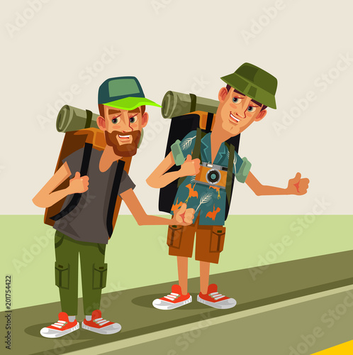 Two hipster man hitch hikers characters with backpack trying stop car highway road. Travel hitch hiking journey holiday concept. Vector flat cartoon graphic design isolated illustration