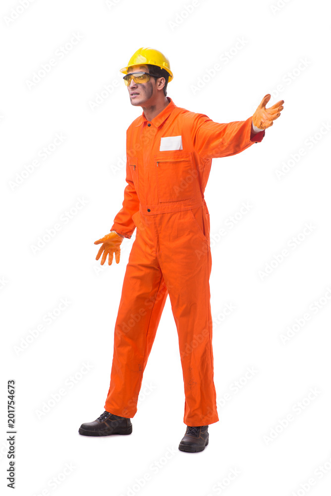 Contractor employee wearing coveralls isolated on white Contractor employee wearing coveralls isolated on white