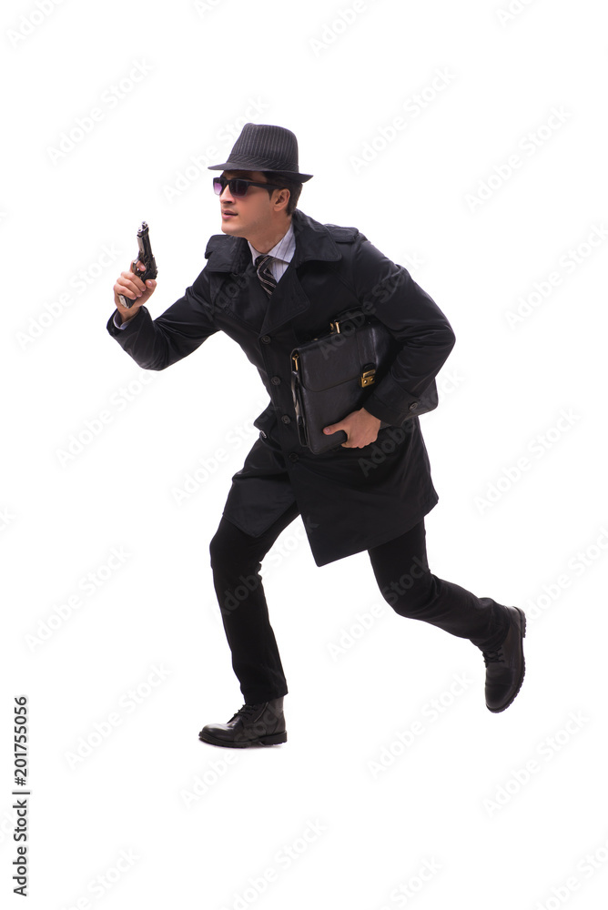 Man spy with handgun isolated on white background Man spy with handgun isolated on white background