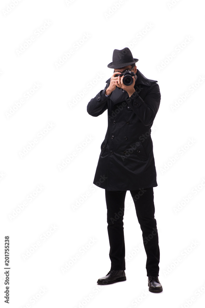 Spy with camera taking pictures isolated on white