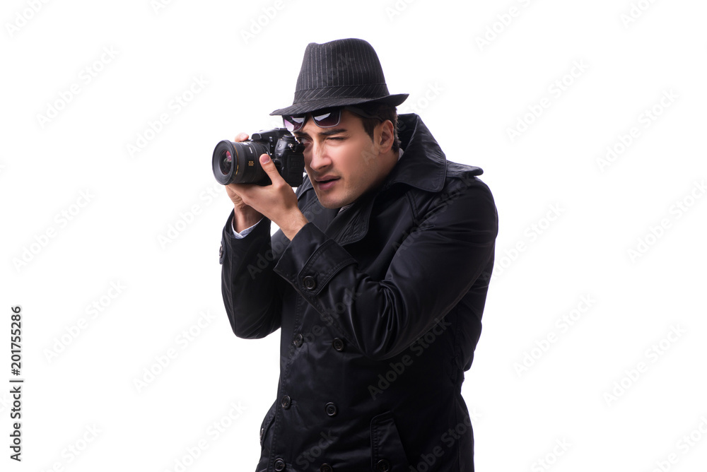 Spy with camera taking pictures isolated on white Spy with camera taking pictures isolated on white