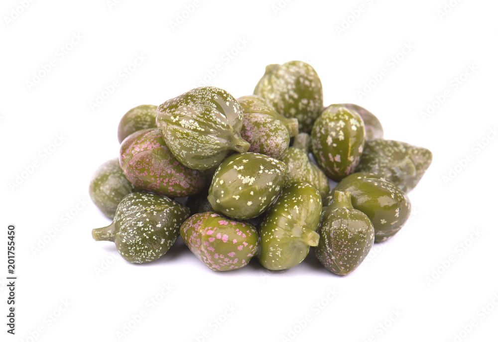 Capers isolated on white background. Pickled capers. Canned capers Capers isolated on white background. Pickled capers. Canned capers