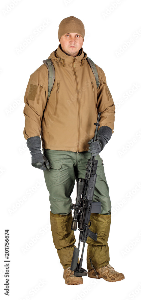 young soldier or sniper holding rifle.  hunting, war, army, technology and people concept