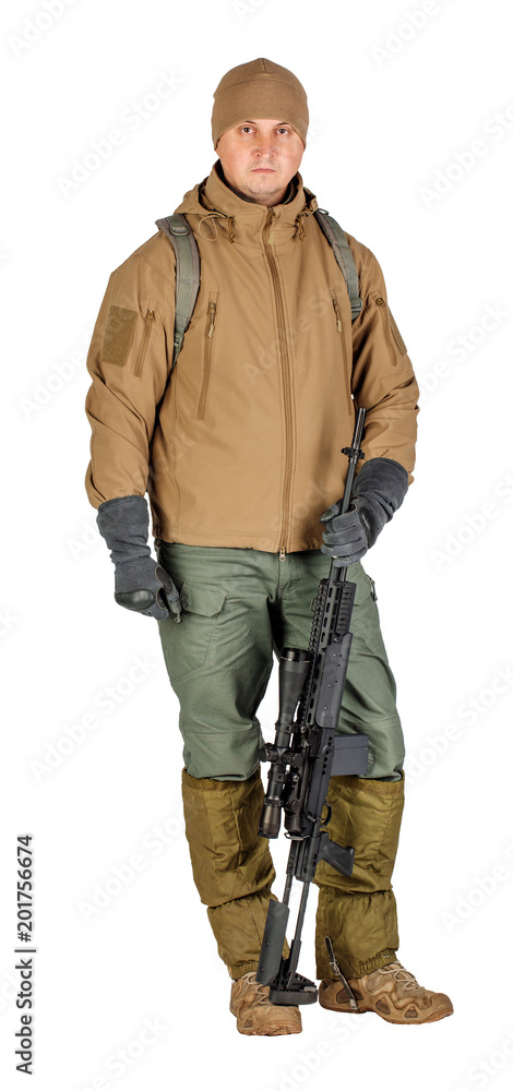 young soldier or sniper holding rifle. hunting, war, army, technology and people concept young soldier or sniper holding rifle. hunting, war, army, technology and people concept