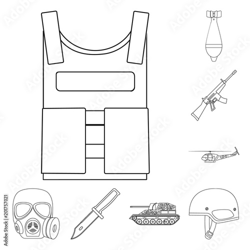 Army and armament outline icons in set collection for design. Weapons and equipment vector symbol stock web illustration.