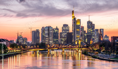 Panoramic view of Frankfurt, Germany after sunset.
