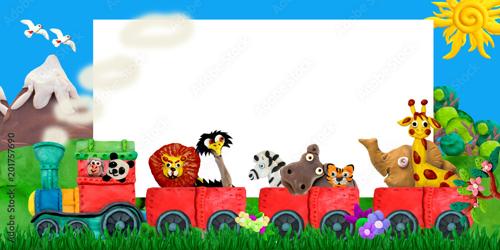 Fototapeta premium Traveling Zoo animals 3D rendering children greeting card poster banner illustration