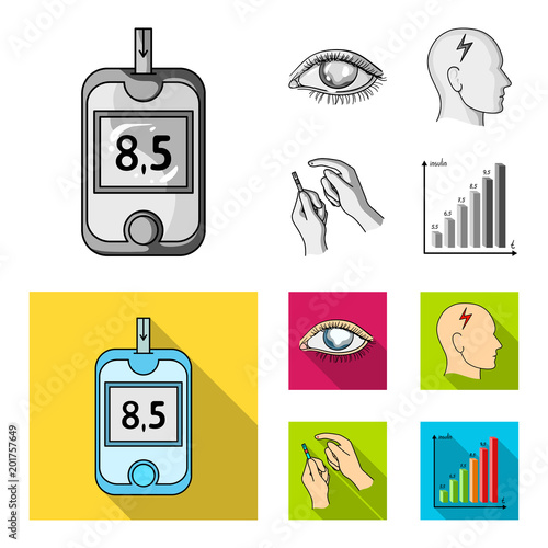 Poor vision, headache, glucose test, insulin dependence. Diabetic set collection icons in monochrome,flat style vector symbol stock illustration web.