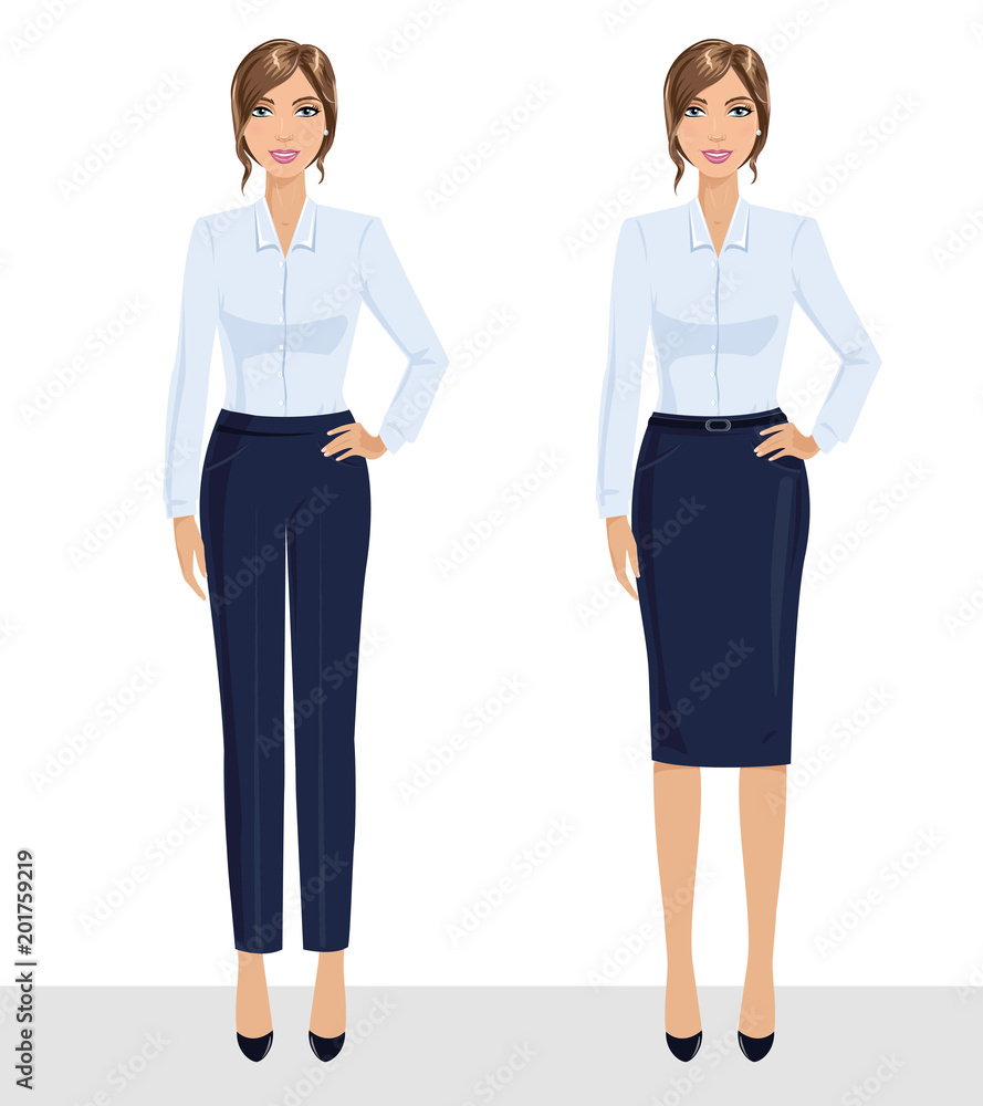 Elegant pretty business woman in formal clothes. Base wardrobe, feminine corporate dress code. Collection of full length portraits of business woman. Vector illustration isolated on white. Elegant pretty business woman in formal clothes. Base wardrobe, feminine corporate dress code. Collection of full length portraits of business woman. Vector illustration isolated on white.