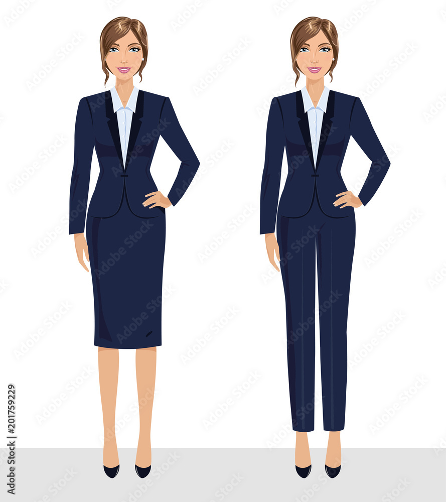 Elegant pretty business woman in formal clothes. Base wardrobe, feminine corporate dress code. Collection of full length portraits of business woman. Vector illustration isolated on white. Elegant pretty business woman in formal clothes. Base wardrobe, feminine corporate dress code. Collection of full length portraits of business woman. Vector illustration isolated on white.