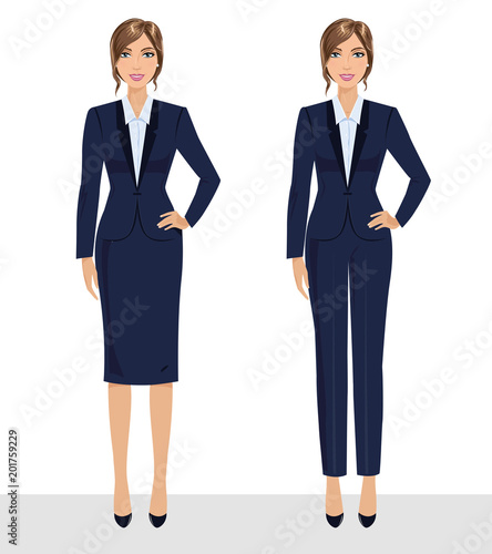 Elegant pretty business woman in formal clothes. Base wardrobe, feminine corporate dress code. Collection of full length portraits of business woman. Vector illustration isolated on white.
