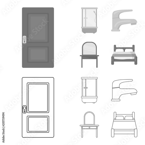 Door, shower cubicle, mirror with drawers, faucet.Furniture set collection icons in outline,monochrome style vector symbol stock illustration web.