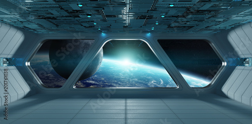 Fototapeta Naklejka Na Ścianę i Meble -  Spaceship futuristic grey blue interior with view on planet Earth
