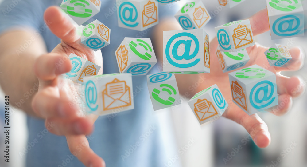 Businessman using floating cube contact 3D rendering Businessman using floating cube contact 3D rendering
