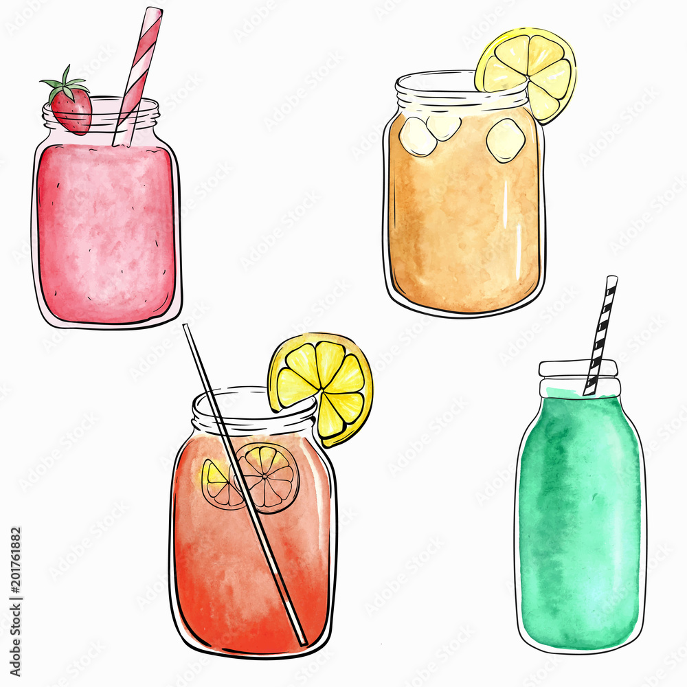 Cartoon smoothie set. Red, orange and green smoothie. Watercolor Stock  Vector | Adobe Stock