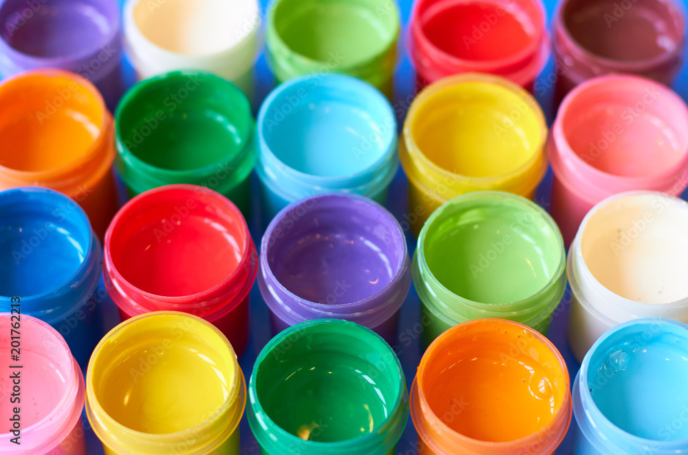 Many jars with colored gouache. Many jars with colored gouache.