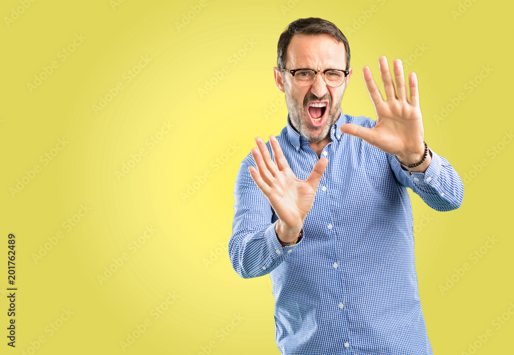 Handsome middle age man disgusted and angry, keeping hands in stop gesture, as a defense, shouting
