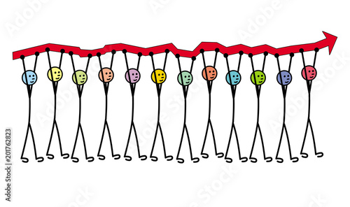 Metaphor of teamwork and work collective. 12 people carry a red arrow - a graph of growth. Vector graphics.