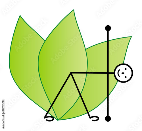The schematic man is a yogi in the asana triangle, trikanasana. On a background of green leaves. Vector drawing.