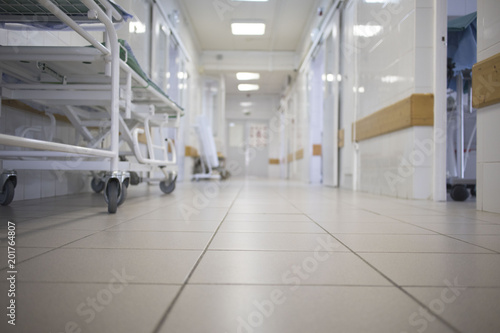 bed for transportation of patients in the hospital corridor, Interior of a hospital corridor