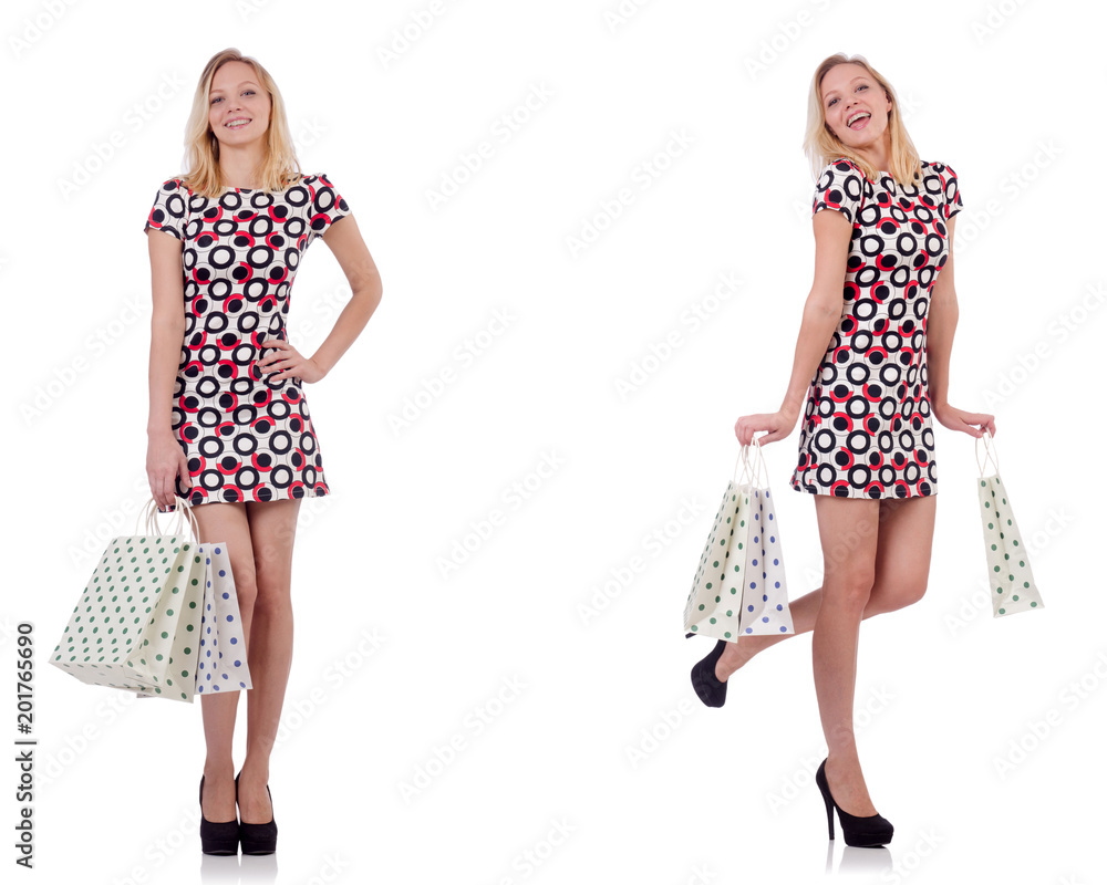 Young woman with shopping bags on white Young woman with shopping bags on white