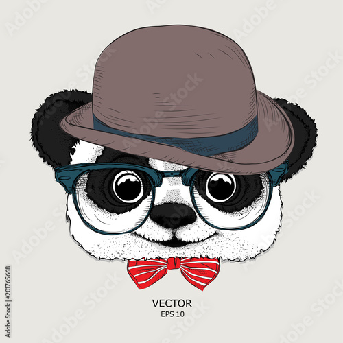 Fototapeta Naklejka Na Ścianę i Meble -  Image Portrait panda in the hat, cravat and glasses. Vector illustration.