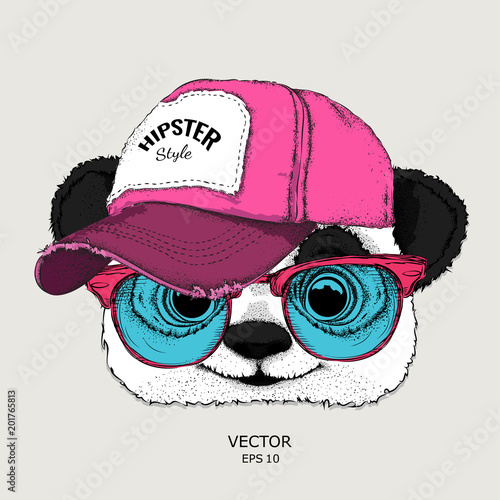 The poster with the portrait of panda in hip-hop cap. Vector illustration