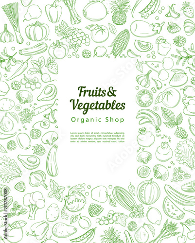 Frame border background pattern of green organic farm fresh tropical fruits and vegetables. Vector illustration. Sketch doodle outline line flat style design. White backdrop top view grocery products
