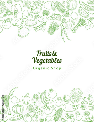 Frame border background pattern of green organic farm fresh tropical fruits and vegetables. Vector illustration. Sketch doodle outline line flat style design. White backdrop top view grocery products