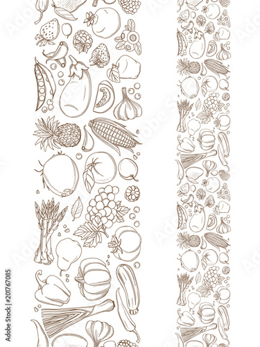 Seamless frame border background pattern of green organic fresh tropical fruits and vegetables. Vector illustration. Sketch doodle outline line design. White backdrop top view grocery products