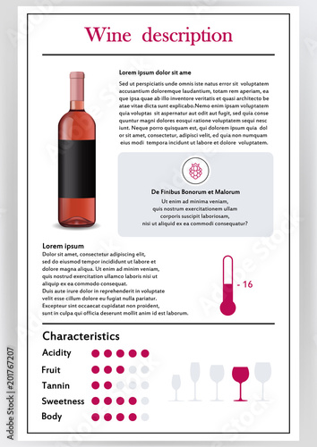Vector illustration.Brochure,form describing the characteristics of pink wine.Feed temperature,brief description,history of origin, tableware glass for serving,taste criteria.Tannins,acidity,fortress.