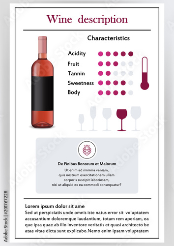 Vector illustration.Brochure,form describing the characteristics of pink wine.Feed temperature,brief description,history of origin, tableware glass for serving,taste criteria.Tannins,acidity,fortress.
