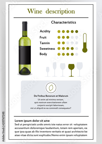 Vector illustration.Brochure,form describing characteristics of white wine.Feed temperature,brief description,history of origin, tableware glass for serving,taste criteria.Tannins,acidity,fortress.