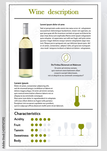 Vector illustration.Brochure,form describing characteristics of white wine.Feed temperature,brief description,history of origin, tableware glass for serving,taste criteria.Tannins,acidity,fortress.