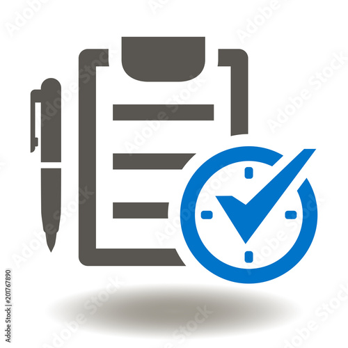 Check List Check Mark Pen Clock Icon Vector. Time Compliance Business Illustration. Test Logo Symbol.