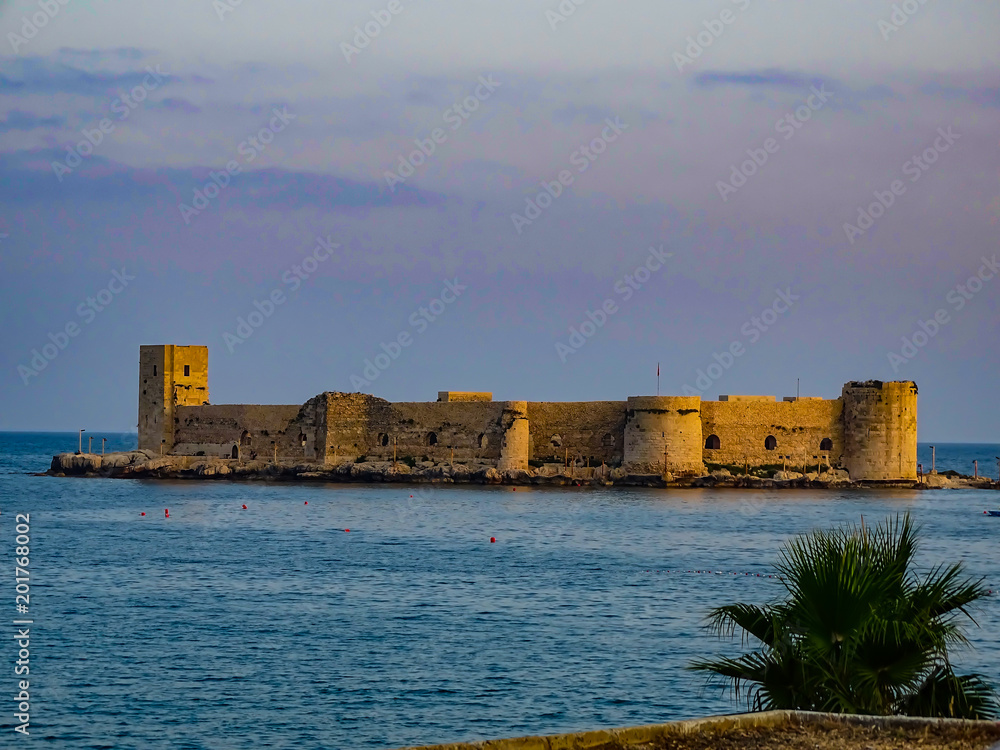 sea, castle, island, fort, fortress, mediterranean, travel, water, architecture, sky, landscape, europe, tower, ocean, italy, landmark, coast, blue, city, ancient, port, tourism, building, medieval, f