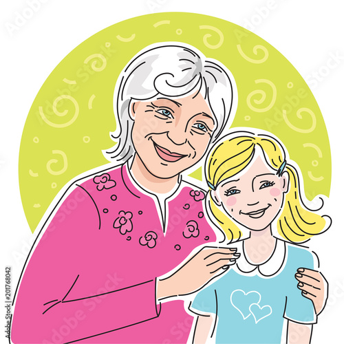 Portrait of a happy grandmother with her granddaughter. Vector illustration isolated on white.