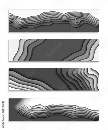 Set of black and white wave. 3D set of colorful abstract paper cut. Abstract colorful waves. Wavy banners. Color geometric form. Wave paper cut. Map line of topography. Map mockup infographics