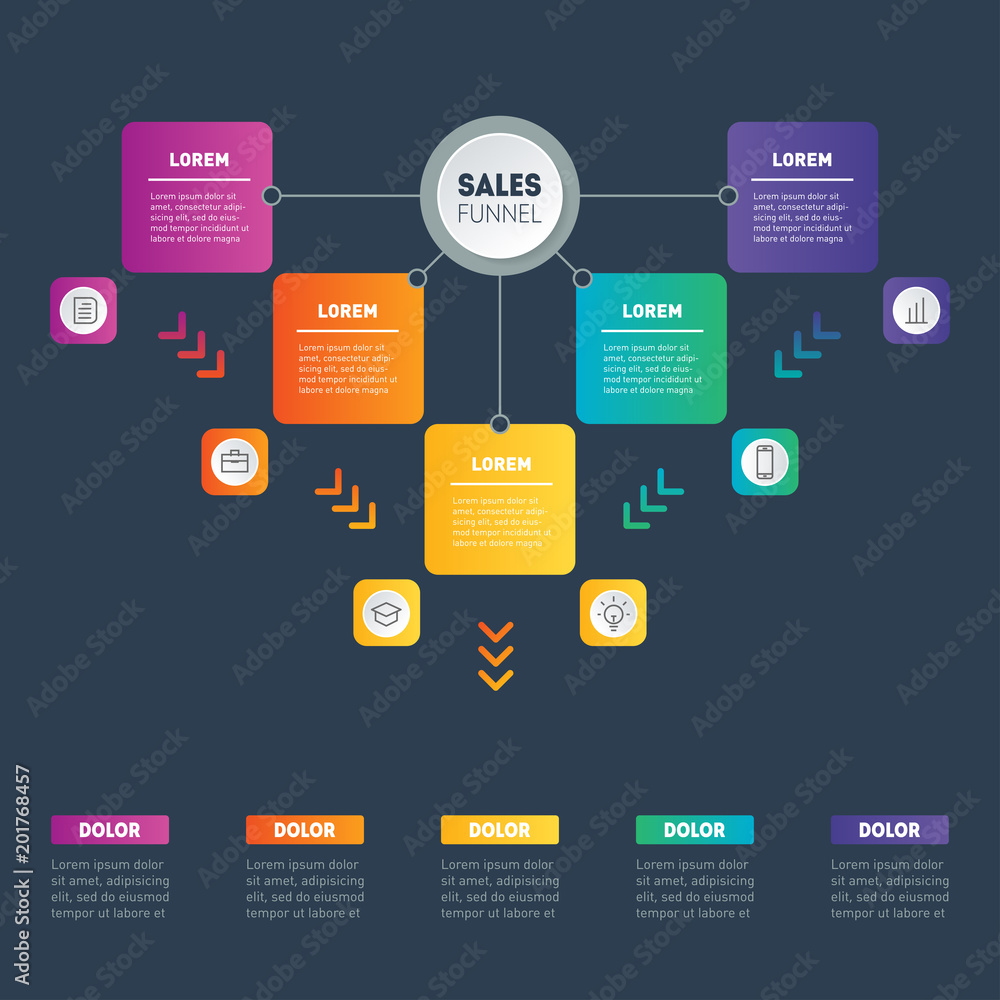 Web Template of a sales pipeline, purchase funnel, info chart or diagram. Infographic of technology or education process with 5 steps. Vector. Business presentation concept with 5 options.