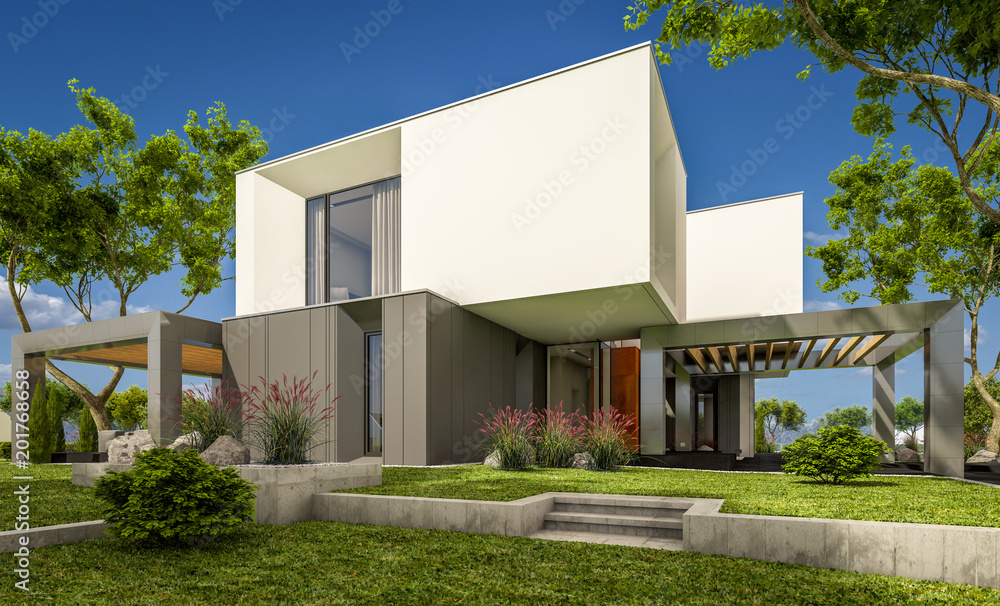 3d rendering of modern house in the garden