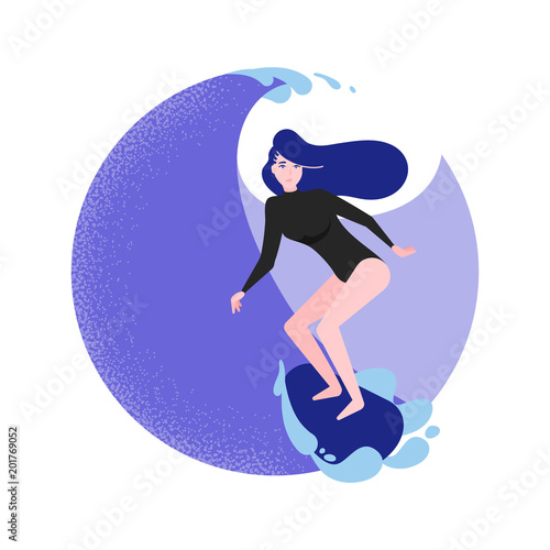 Surfer girl on wave in flat style. Cartoon character vector illustration.