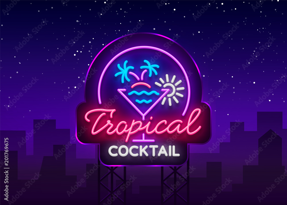Plakat Neon tropikalny koktajl. Logo koktajlowe, styl neonowy, baner świetlny, noc jasna reklama neonowa dla baru koktajlowego, imprezy, pubu. Alkohol. Ilustracja wektorowa