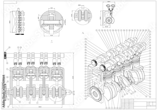 Machine building drawing. Engine car on a white
