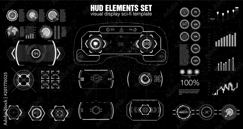 Fototapeta premium Set of black and white infographic elements. Head-up display elements for the web and app. VR Futuristic user interface. Template UI for app and virtual reality.