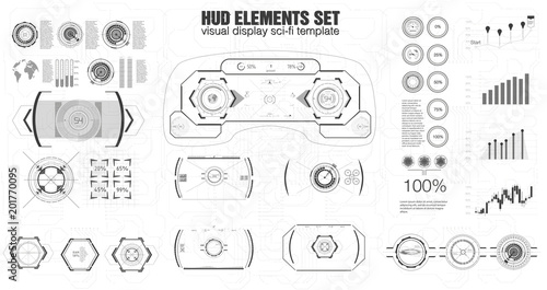 Set of black and white infographic elements. Head-up display elements for the web and app. VR Futuristic user interface. Template UI for app and virtual reality.