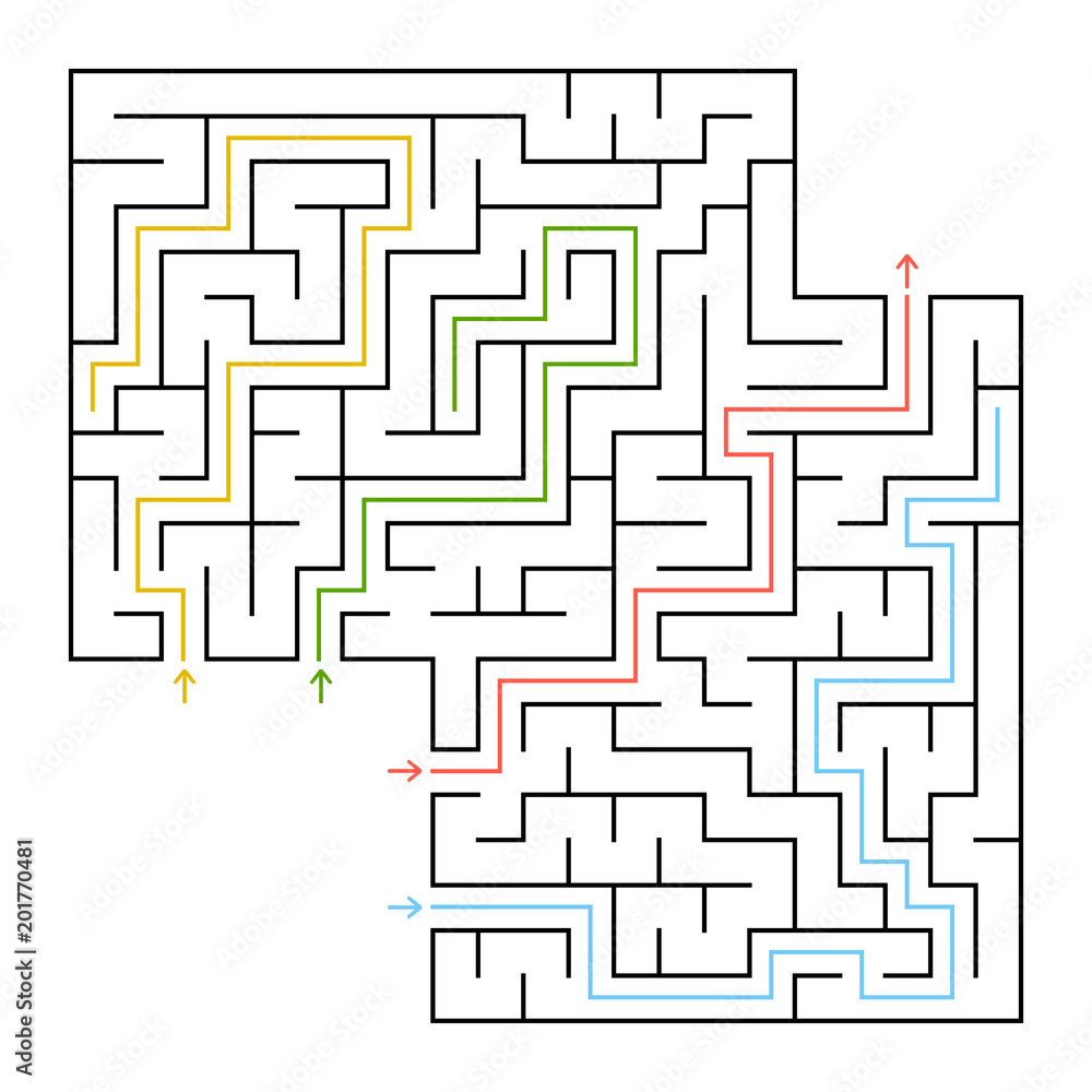 A square labyrinth. Choose the right way to get out of the maze. Simple flat vector isolated illustration. With a place for your drawings. With the answer.