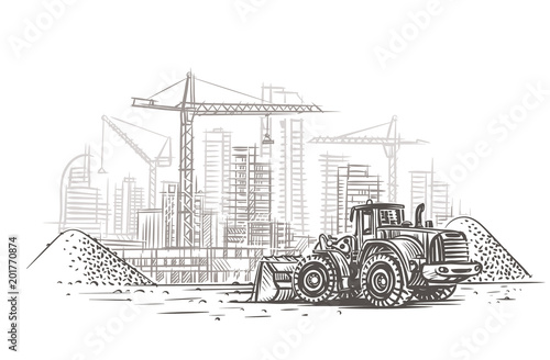 Dozer on construction site sketch. Vector. Layered. 