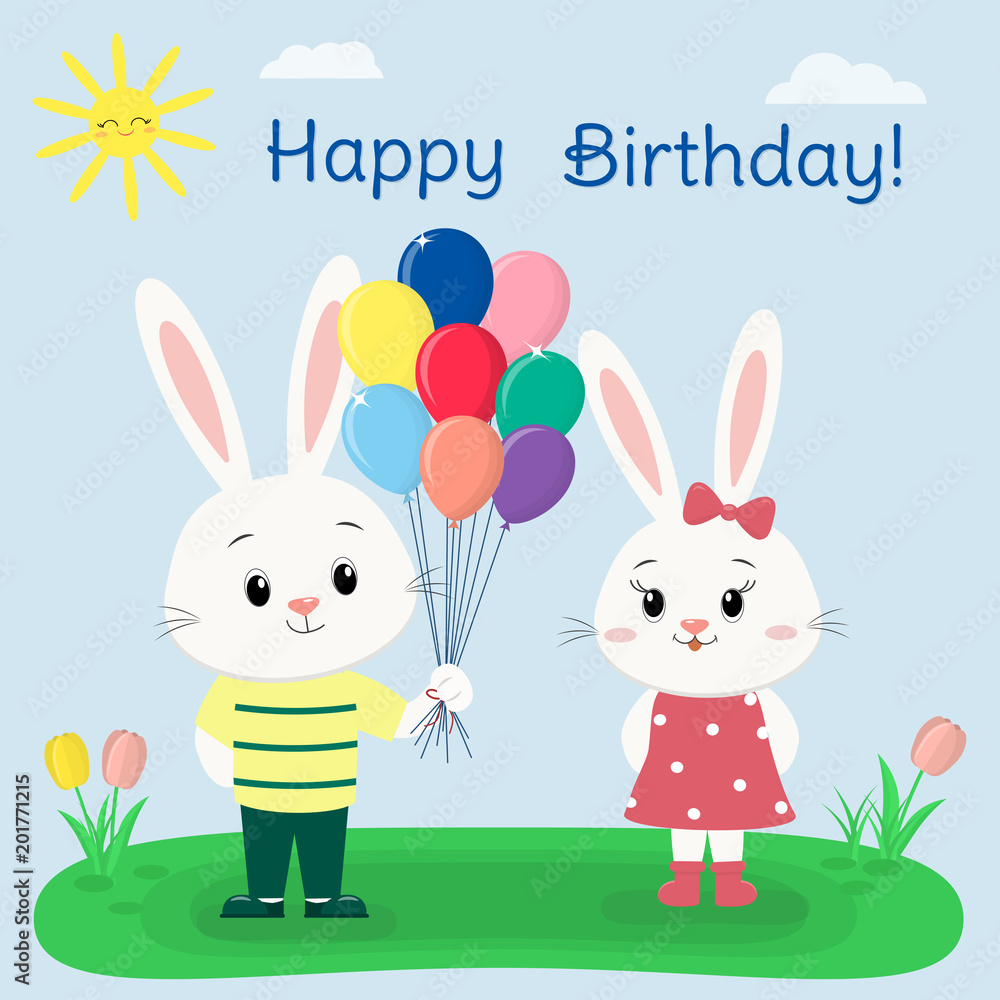 Two white rabbits in clothes in a summer glade. A boy in trousers and a  T-shirt gives balloons to a girl in a dress. Happy birthday. Cartoon style,  flat, vector. Stock Vector |