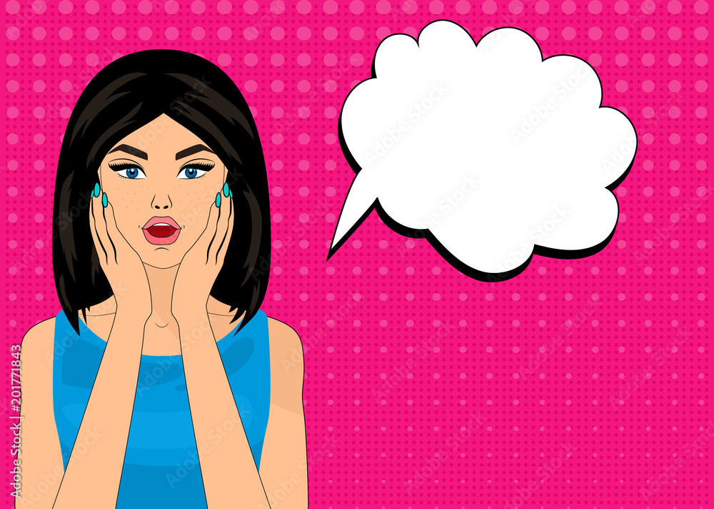 Pop art vector illustration, bright colours, pin up style, surprised woman. Pop art vector illustration, bright colours, pin up style, surprised woman.